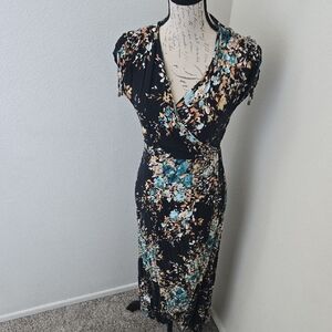 Floral Wrap Dress - Black and Teal